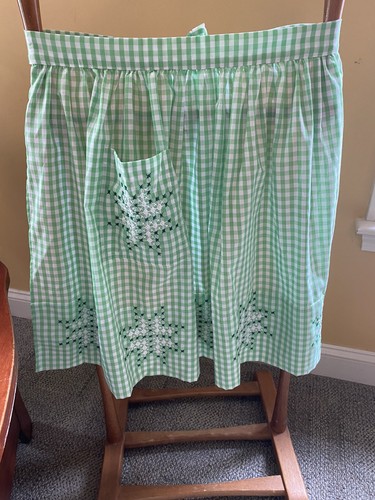 Vintage Green White Gingham Check Half  Apron Cross Stitch Stars Cotton Pocket - Picture 1 of 9