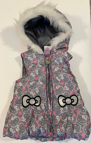 Hello Kitty Hoodie Vest Puffy Zipper Girls Size 5 Faux Fur Trim Pink Gray