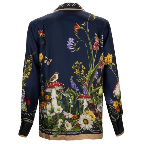 DOLCE & GABBANA DG Logo Polka Dot Flower Rabbit Print Silk Shirt Blue - Picture 3 of 7