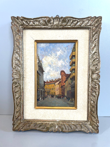 ANTICO DIPINTO OLIO TAVOLA VEDUTA Vecchia Milano VIA DURINI Alcide Cerise '900 - Foto 1 di 8