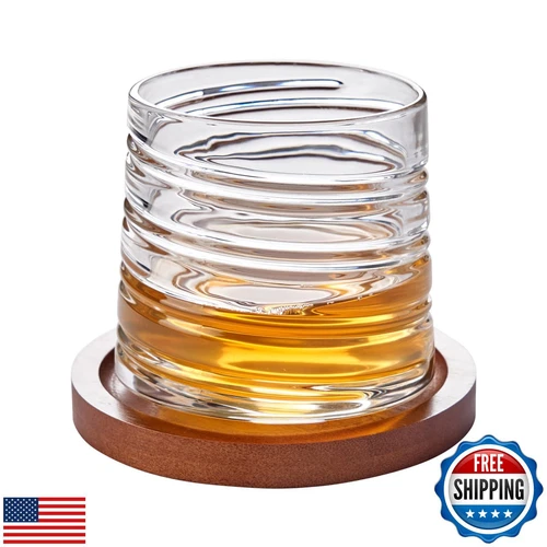 ACHEER 10 Oz Large Spinning Crystal Whiskey Glasses, Rotatable Old Fashioned 