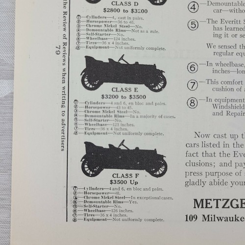 Detroit MI Everitt Metzger Ad Antique Original 1912 Motor Car Comparison Chart - Picture 8 of 12