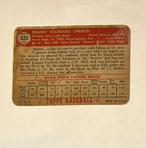 1952 Topps Bubba Church #323 High # LOW GRADE FILLER Cincinnati Reds - Image 2 of 2