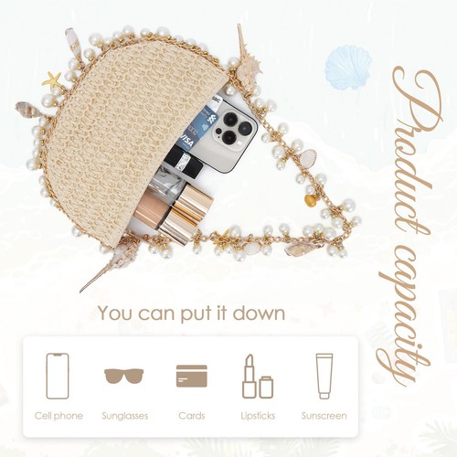 Perlen Stroh Clutch Handtasche für Damen Gewebt Sommer Strand Schultertasche Perlen Abend... - Bild 7 von 7