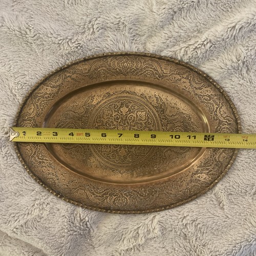 BANDEJA METÁLICA COBRE GRABADA PERSA ESTILO QAJAR SIGLO XX 14 PULGADAS ¡RARA! - Imagen 5 de 20