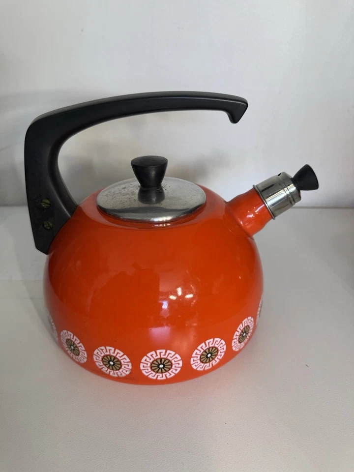 Big Vintage MCM Red Enamel Whistling Kettle Retro Floral Design - image 2 of 4