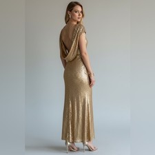 Glamorous Gold Sequin Formal Gown Draped Back Maxi Evening Party Dress