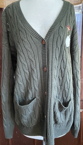 Grüner Cardigan Pullover mit Zopfmuster und Pokémon Figuren Totoro Unikat - Bild 2 von 9
