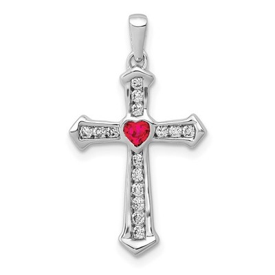 14k White Gold 0.33 Ct Ruby Diamond Heart Cross Pendant 1.47g for Mom