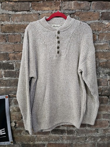 Vtg Eddie Bauer Sweater Men L Tan Henley Chunky Knit Fisherman Pullover USA