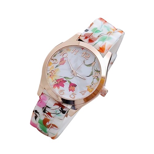 Reloj de pulsera analógico de cuarzo floral estampado de silicona para niña dama - Imagen 9 de 13