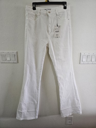 Pantalones de mezclilla ZARA para mujer 12 tiro alto blancos acampanados pierna larga elástica nuevos con etiquetas hippie - Imagen 2 de 13