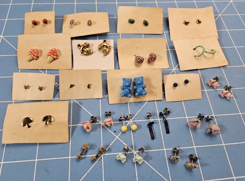 Vintage Kids Earrings Lot 21 Pair Studs Flowers Ice Cream 80s-90s Jewelry