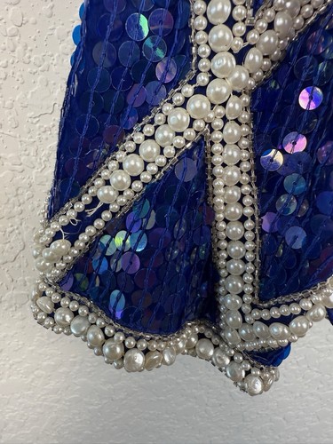 Top Judith Anne Creations años 80 vintage azul y blanco con cuentas lentejuelas talla mediana - Imagen 6 de 14