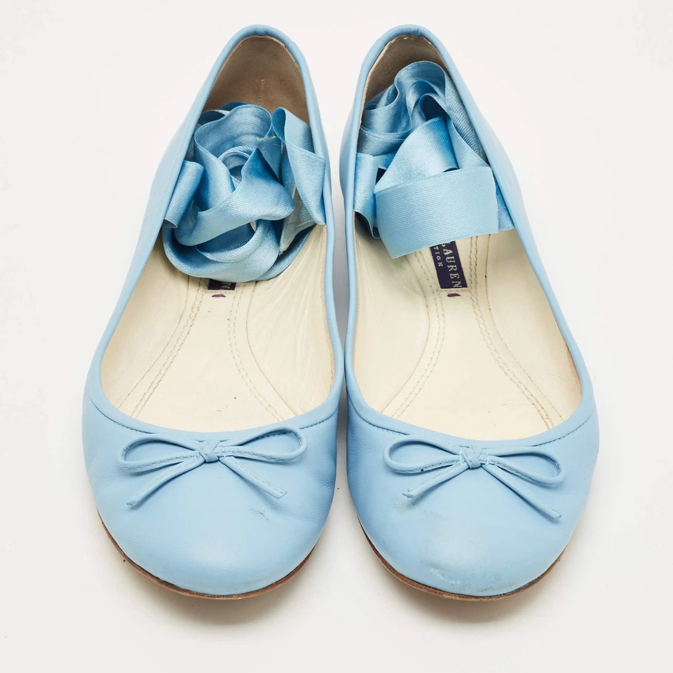 Ralph Lauren Collection Blue Leather Ankle Tie Up Ballet Flats Size 38 - Image 3 of 4
