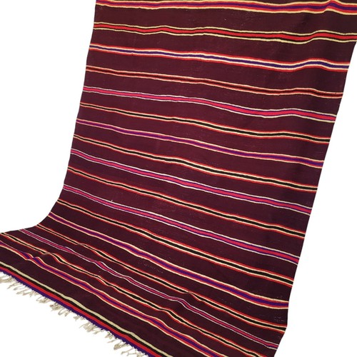Vintage Handmade Moroccan Fringe Rug Burgundy Striped Beige Wool Carpet - Picture 2 of 24