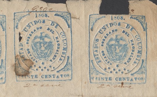 SELLOS RAROS COLOMBIA 1868 UNIDOS 20c BLOQUE PROVISIONALES 18 INC TETE BECHE FILA - Imagen 15 de 20