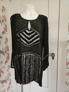 Calypso St. Barth Black Silk Beaded Sequined Detail Long Sleeve Tunic XL