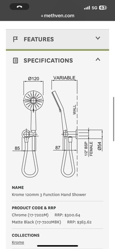Methven KROME ROUND HAND SHOWER 3 Spray Set 390mm MATTE WELS 17-7202MBK - Picture 3 of 3