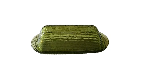 Vintage Anchor Hocking Soreno Avocado Green Covered Stick Butter Dish Textured