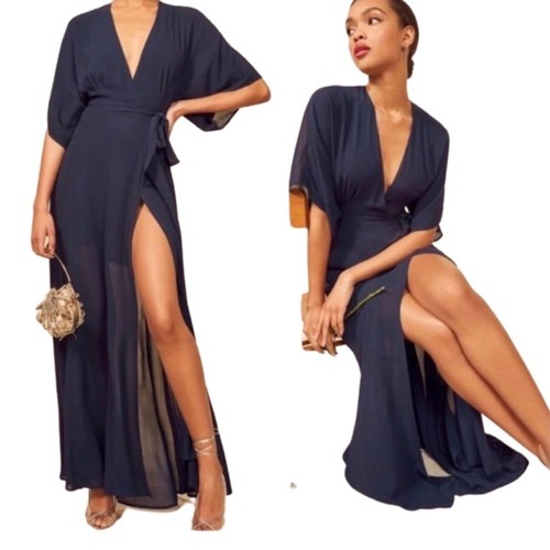 Maxi Vestido Reformation Winslow Envolvente Azul Marino Talla 2X - Imagen 2 de 16