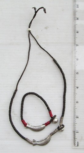 NiCe! Hmong Silver & Hemp Koi Carp Fish & Bell Amulet Necklace & Bracelet Set - Picture 2 of 2