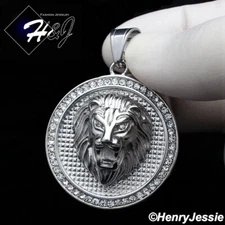 MEN Stainless Steel Silver ICY Bling CZ 3D LION KING FACE Round Pendant*P109