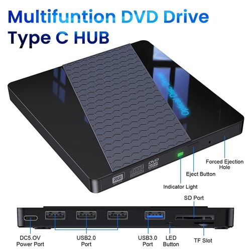 Lecteur CD DVD Externe pour PC USB 3.0 Lecteur CD/Dvd +/-Rw portable Type C L... - Afbeelding 2 van 7