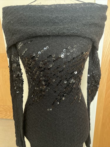 Bebe Dress Off Shoulder Long Sleeve Fitted Stretch Sequins Black NWT S - Picture 4 of 7