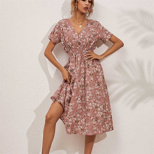 Women Skirt Summer V-Neck Small Floral Print Middle Dress Short Sleeve - Bild 15 von 40