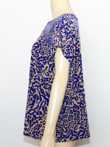 Dana Buchman Brown Blue Animal Print Blouse Cap Short Sleeve Crew Neck Size XL - Picture 4 of 6
