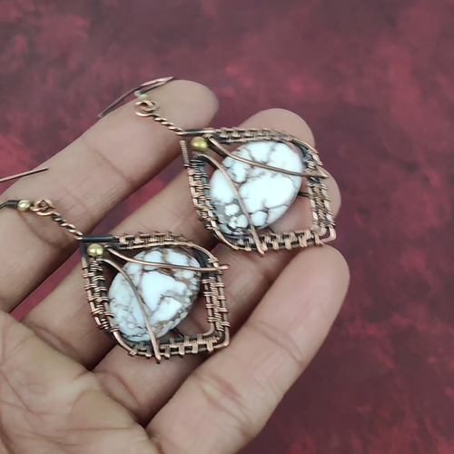Copper Wild Horse Magnesite Gemstone Wire Wrapped Drop Dangle Wife Gift Earrings - Video 1 of 1