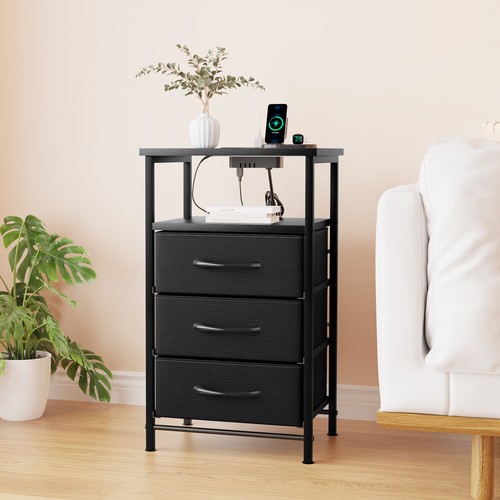 LED Bedside Table Nightstand with Charging Station 3 Drawers End Side Storage US - Picture 9 of 11