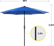 9FT Outdoor Umbrella with 8 Ribs Table Umbrella with Push Button Tilt/Crank Blue