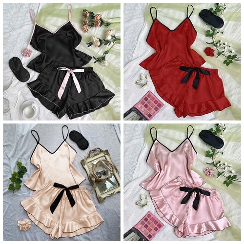 Women Silk Pjs Set Ruffle Pajamas Sets Satin Cami Shorts Sets Sleepwear Lingerie