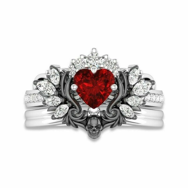 Skull Ring Set With Black Wing and Red Heart Cut Lab-Created Diamond Ring Silver Skull Ring Set With Black Wing and Red Heart Cut Lab-Created Diamond Ring Silver