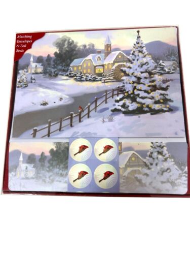 Weihnachtskarten 2 Schachteln 14 passende Umschläge 20 Siegel Winter Kirche Kardinal - Bild 2 von 12