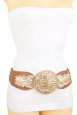Women Brown Wide Elastic Belt Hip Waist Gold Metal Greek Coin Charm Buckle S M