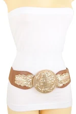 Women Brown Wide Elastic Belt Hip Waist Gold Metal Greek Coin Charm Buckle S M