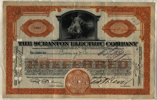 Scranton Electric Company Aktienzertifikat Pennsylvania Power Orange