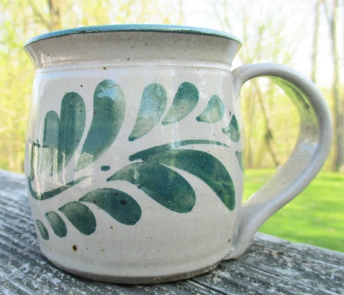 Signed Vintage Westerwald Pottery Salt Glaze Green Leaf Barrel Coffee Mug 97