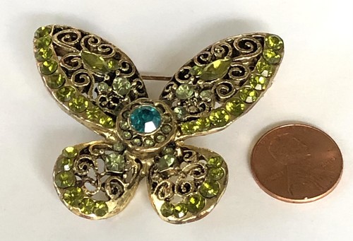 Vintage Brooch Pin Butterfly Rhinestone Green Blue Gold Tone - Picture 4 of 4