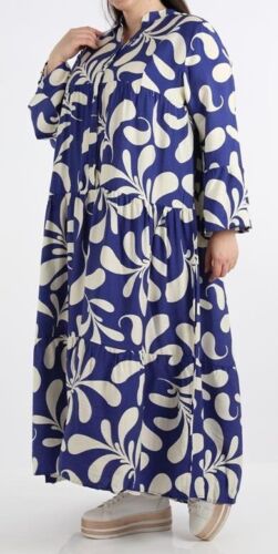 PLUS SIZE BLUE/ECRU COTTON BLEND TIERED MAXI DRESS Size 16-18 - Picture 8 of 8