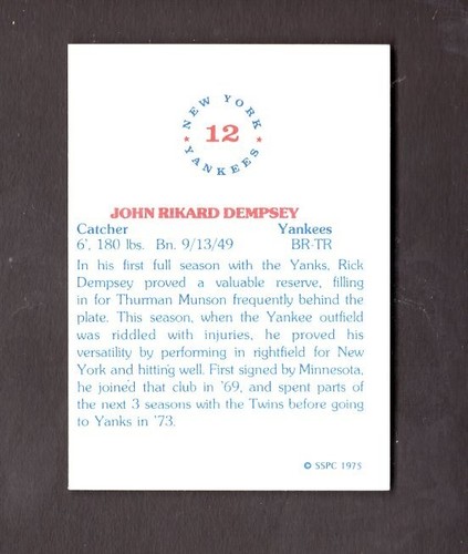 1975 SSPC # 12 Rick Dempsey SIGNIERT handsigniert New York Yankees VERSAND IST KOSTENLOS - Bild 2 von 2