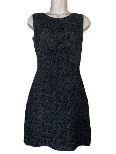 Mod 60s Little Black Mini Dress Sz M, Bow, Peek A Boo Back + Train, Vtg USA - Picture 2 of 7