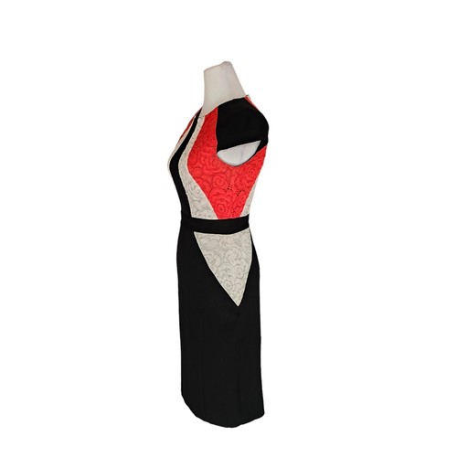 CUE black cap sleeve pencil dress women's size 6 white & red lace inserts career - Picture 4 of 14