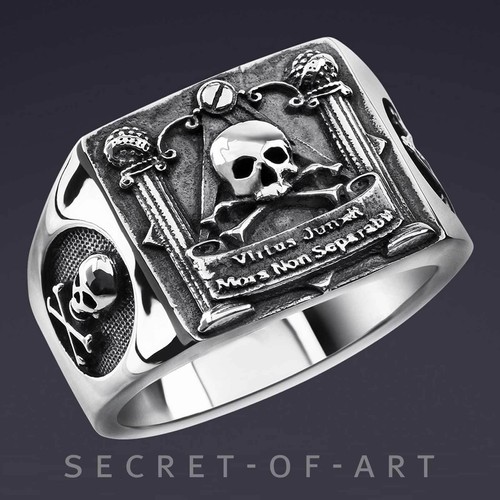 Freemason Ring Masonic Skull Pillars Signet Silver 925 Virtus Biker Memento Mori - Picture 9 of 12