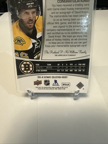2015-16 Upper Deck Ultimate David Krejci Patch Auto 03/25 #18 - Picture 4 of 4
