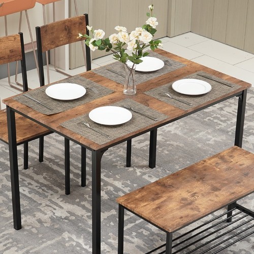 4 Piece Dining Table Set Wooden Compact Table 2 Chairs 1 Bench Set Metal Brown - Picture 7 of 8