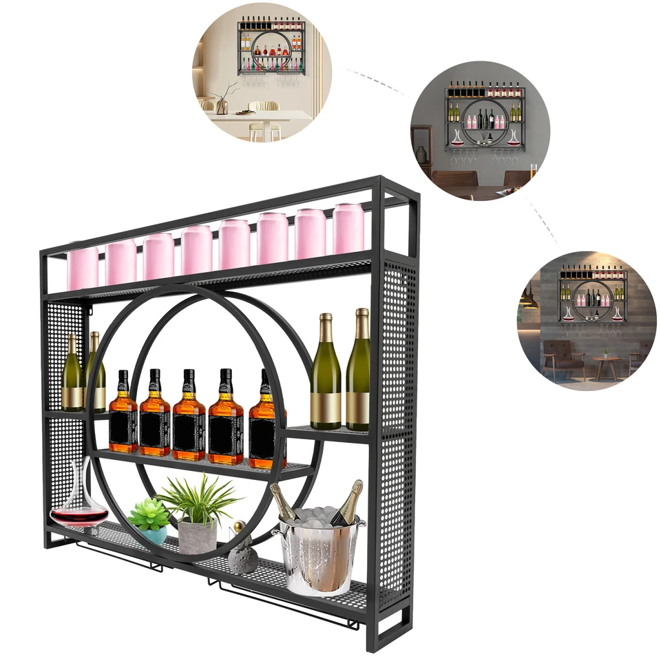 Metal Wine Rack Wall Mounted Bar Shelves with Wine Glass Holder Kitchen Black - Image 4 of 4
